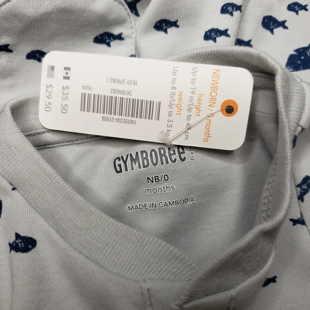 NWT Gymboree Newborn Shark Patterned Short Sleeve Grey Henley Romper Jumpsuit